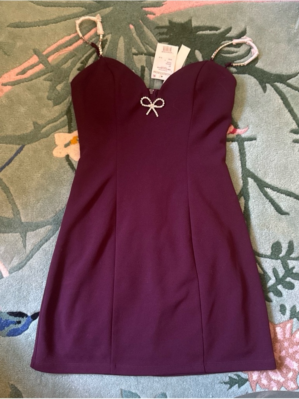 Speechless Mini Dress in Plum with Rhinestone Bow and Straps